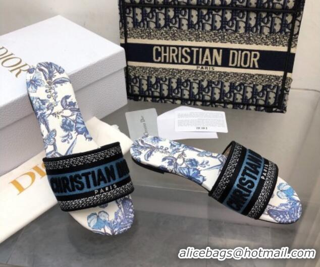 Perfect Dior Dway Flat Slide Sandals in Pastel Midnight Blue Multicolor Embroidered Cotton with Toile de Jouy Mexico Mot