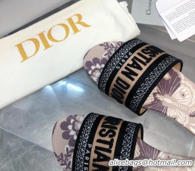 Grade Quality Dior Dway Flat Slide Sandals in Beige Embroidered Cotton with Butterfly Bandana Motif 326028