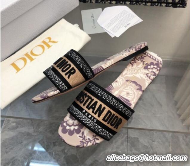 Grade Quality Dior Dway Flat Slide Sandals in Beige Embroidered Cotton with Butterfly Bandana Motif 326028