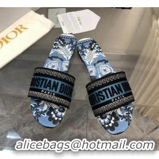 Top Design Dior Dway Flat Slide Sandals in Denim Blue Multicolor Embroidered Cotton with Butterfly Bandana Motif 326029