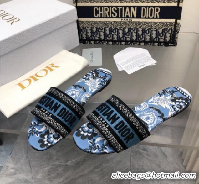 Top Design Dior Dway Flat Slide Sandals in Denim Blue Multicolor Embroidered Cotton with Butterfly Bandana Motif 326029