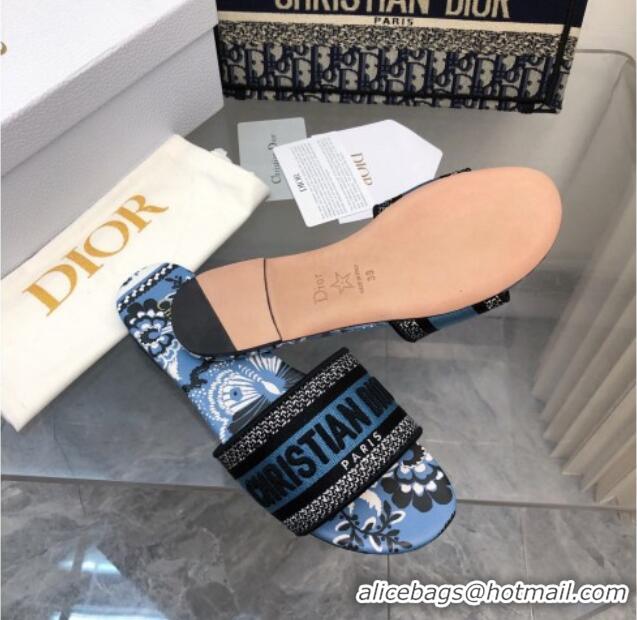 Top Design Dior Dway Flat Slide Sandals in Denim Blue Multicolor Embroidered Cotton with Butterfly Bandana Motif 326029