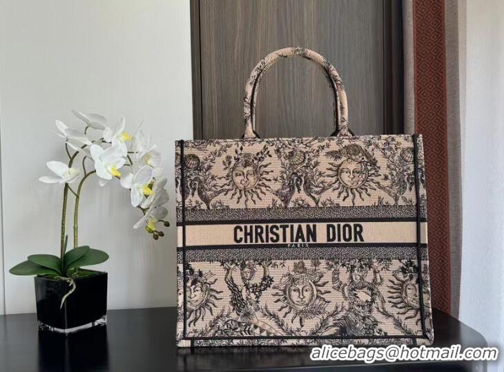 Best Price Large Dior Book Tote Beige and Black Toile de Jouy Soleil Embroidery M1286ZEC