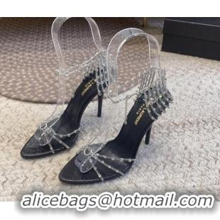 Good Quality Saint Laurent Black High Heel Sandals 10cm with Crystals Chain Strap and Tassel 328053