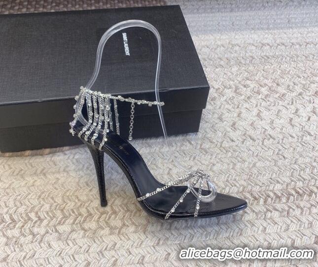 Good Quality Saint Laurent Black High Heel Sandals 10cm with Crystals Chain Strap and Tassel 328053