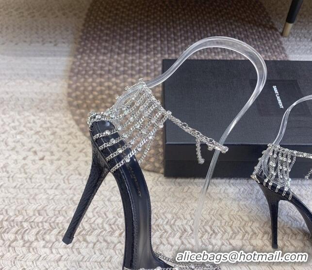 Good Quality Saint Laurent Black High Heel Sandals 10cm with Crystals Chain Strap and Tassel 328053