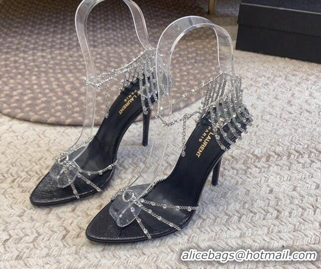 Good Quality Saint Laurent Black High Heel Sandals 10cm with Crystals Chain Strap and Tassel 328053