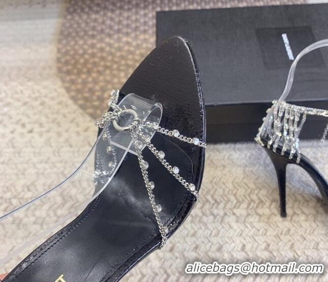 Good Quality Saint Laurent Black High Heel Sandals 10cm with Crystals Chain Strap and Tassel 328053