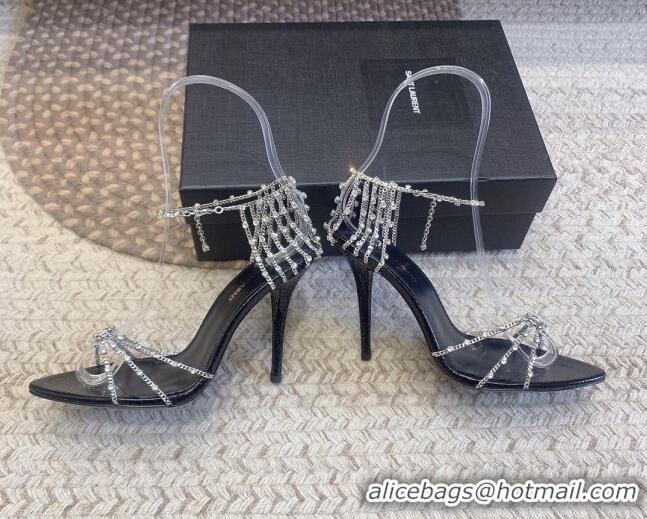 Good Quality Saint Laurent Black High Heel Sandals 10cm with Crystals Chain Strap and Tassel 328053