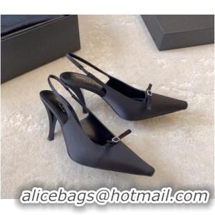 Shop Duplicate Saint Laurent Sadie Slingback Pumps 9.5cm in Black Satin with Bow 328052