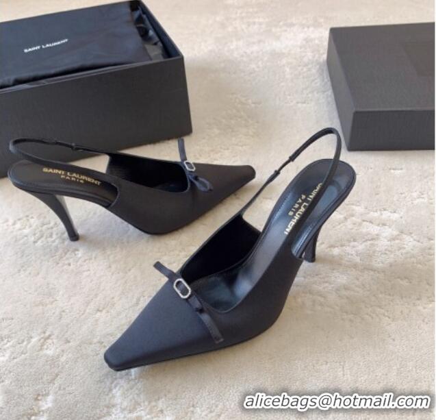 Shop Duplicate Saint Laurent Sadie Slingback Pumps 9.5cm in Black Satin with Bow 328052