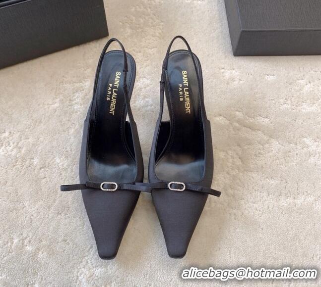 Shop Duplicate Saint Laurent Sadie Slingback Pumps 9.5cm in Black Satin with Bow 328052