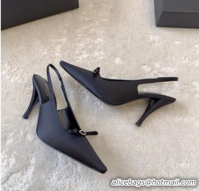 Shop Duplicate Saint Laurent Sadie Slingback Pumps 9.5cm in Black Satin with Bow 328052