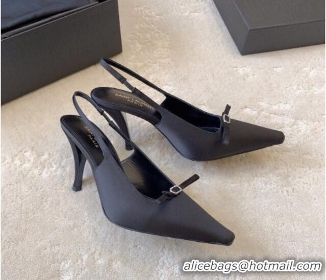 Shop Duplicate Saint Laurent Sadie Slingback Pumps 9.5cm in Black Satin with Bow 328052