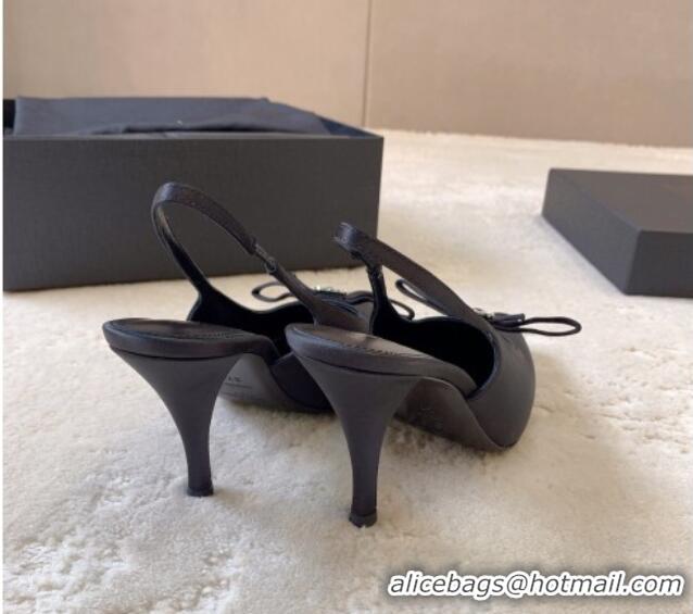 Shop Duplicate Saint Laurent Sadie Slingback Pumps 9.5cm in Black Satin with Bow 328052