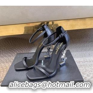 Pretty Style Saint Laurent Opyum Calfskin Leather Sandals 10.5cm with YSL Heel Black/Silver 328027