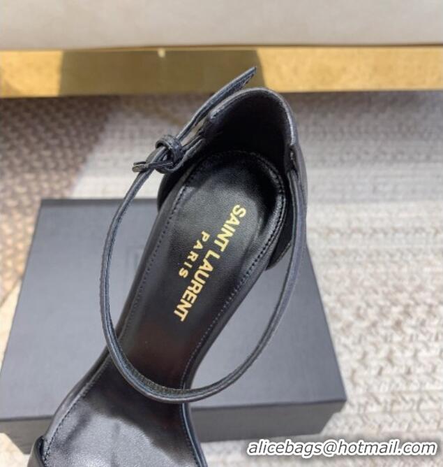 Pretty Style Saint Laurent Opyum Calfskin Leather Sandals 10.5cm with YSL Heel Black/Silver 328027