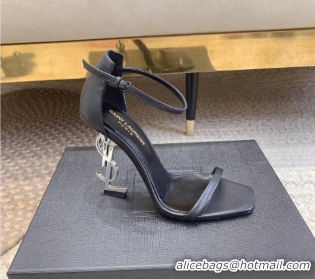 Pretty Style Saint Laurent Opyum Calfskin Leather Sandals 10.5cm with YSL Heel Black/Silver 328027