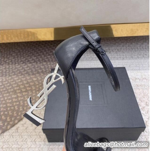 Pretty Style Saint Laurent Opyum Calfskin Leather Sandals 10.5cm with YSL Heel Black/Silver 328027