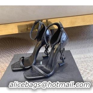 Discount Saint Laurent Opyum Embossed Calfskin Sandals 10.5cm with YSL Heel All Black 328034