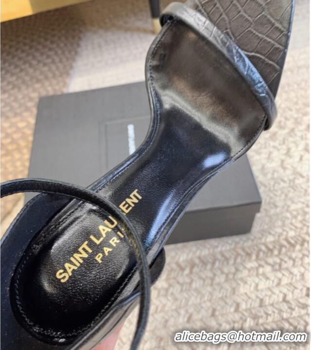 Discount Saint Laurent Opyum Embossed Calfskin Sandals 10.5cm with YSL Heel All Black 328034