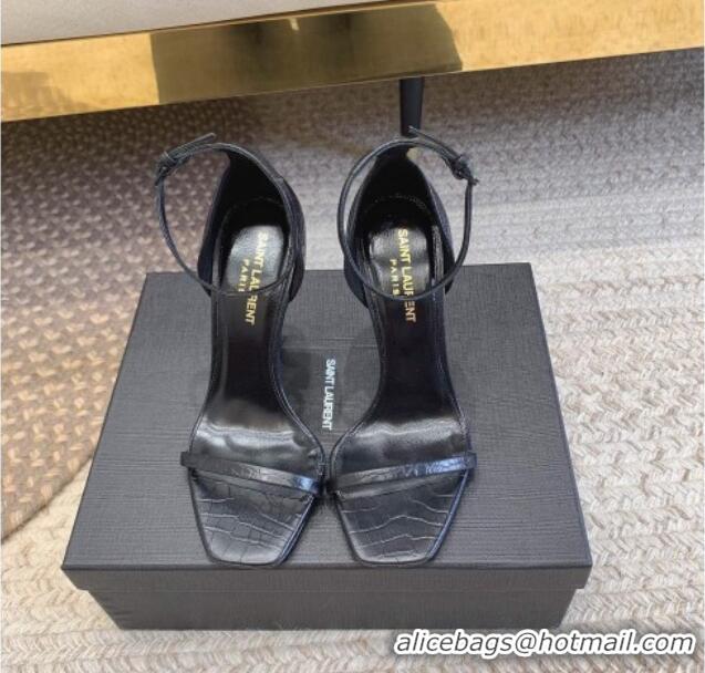 Discount Saint Laurent Opyum Embossed Calfskin Sandals 10.5cm with YSL Heel All Black 328034