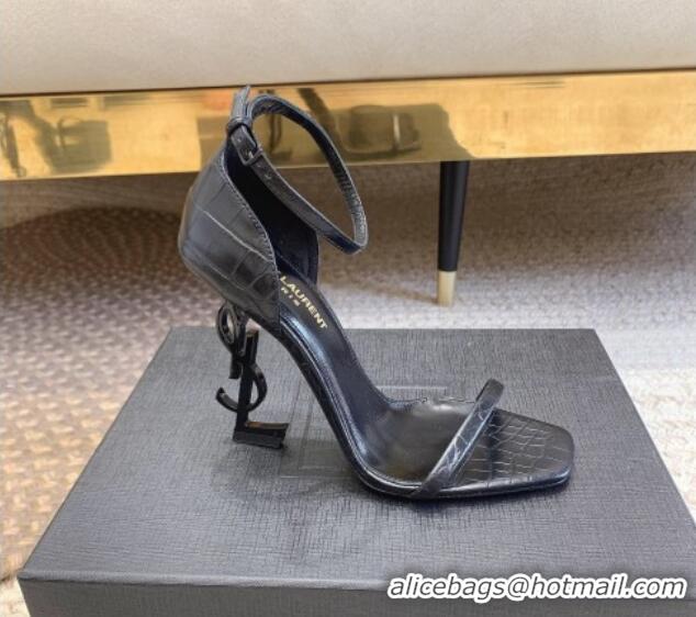 Discount Saint Laurent Opyum Embossed Calfskin Sandals 10.5cm with YSL Heel All Black 328034