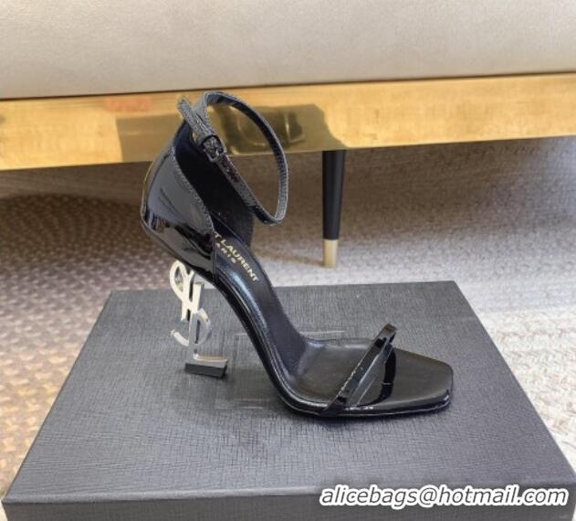 Purchase Saint Laurent Opyum Patent Calfskin Sandals 10.5cm with YSL Heel Black/Silver 328035