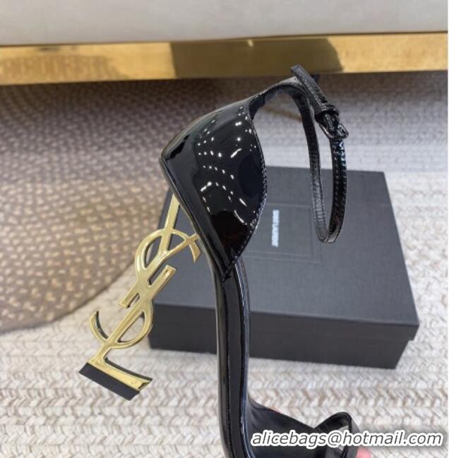 Most Popular Saint Laurent Opyum Patent Calfskin Sandals 10.5cm with YSL Heel Black/Gold 328039