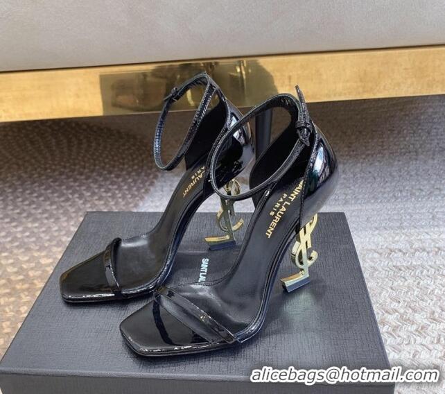 Most Popular Saint Laurent Opyum Patent Calfskin Sandals 10.5cm with YSL Heel Black/Gold 328039