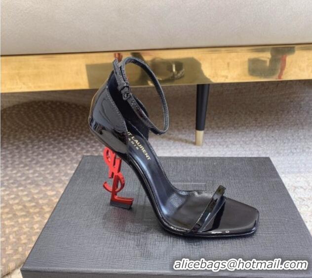 Good Quality Saint Laurent Opyum Patent Calfskin Sandals 10.5cm with YSL Heel Black/Red 0328040