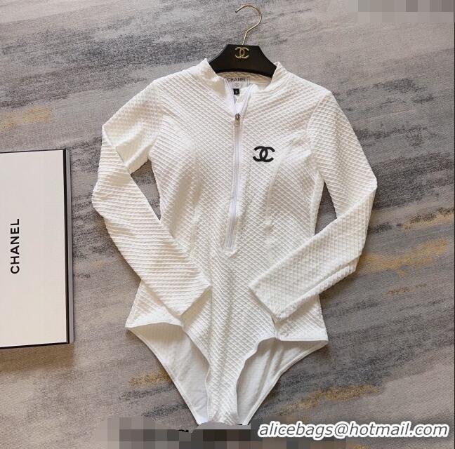 Top Quality Chanel Long Sleeve Swimwear with Zip 0306 White 2024