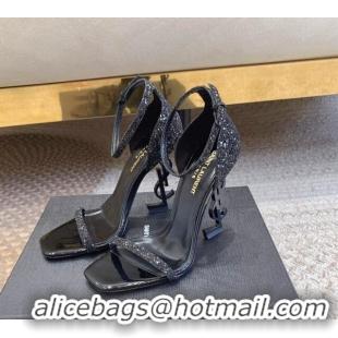 Pretty Style Saint Laurent Opyum Glitters Sandals 10.5cm with YSL Heel All Black 328033