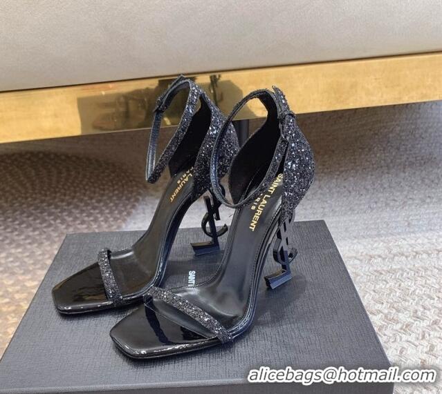 Pretty Style Saint Laurent Opyum Glitters Sandals 10.5cm with YSL Heel All Black 328033