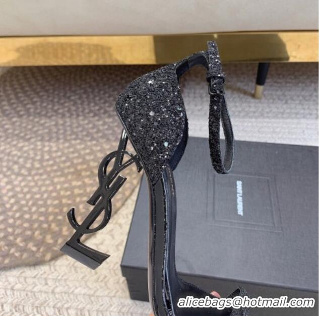 Pretty Style Saint Laurent Opyum Glitters Sandals 10.5cm with YSL Heel All Black 328033