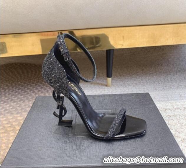 Pretty Style Saint Laurent Opyum Glitters Sandals 10.5cm with YSL Heel All Black 328033