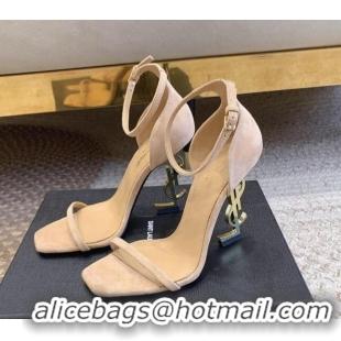 Top Design Saint Laurent Opyum Suede Sandals 10.5cm with YSL Heel Beige 328037