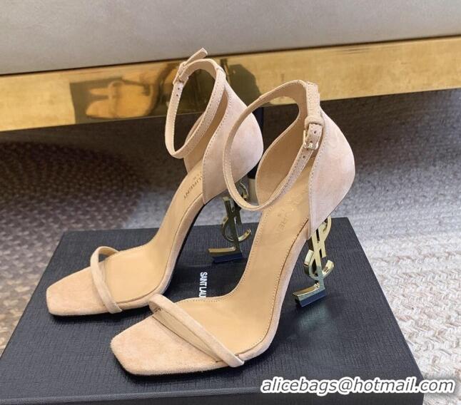 Top Design Saint Laurent Opyum Suede Sandals 10.5cm with YSL Heel Beige 328037