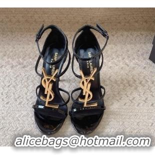 Purchase Saint Laurent Cassandra Calfskin Sandals 10cm in Patent Calfskin Black/Gold 328041