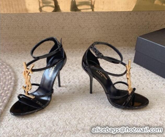 Purchase Saint Laurent Cassandra Calfskin Sandals 10cm in Patent Calfskin Black/Gold 328041