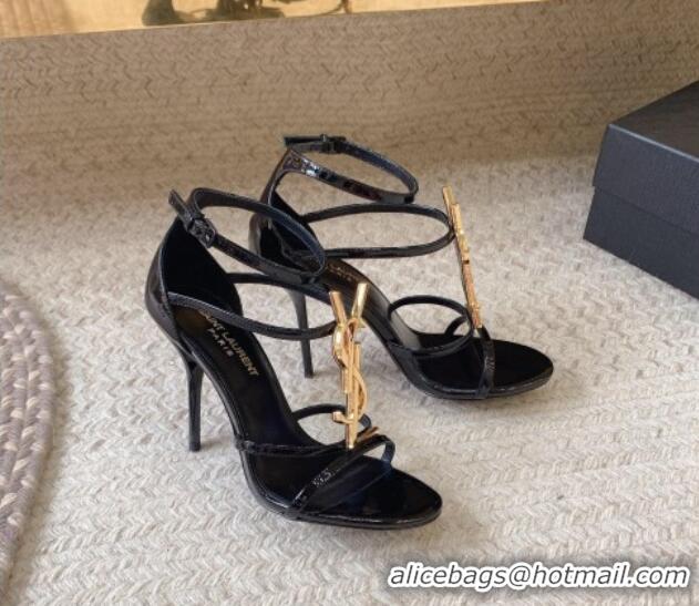 Purchase Saint Laurent Cassandra Calfskin Sandals 10cm in Patent Calfskin Black/Gold 328041