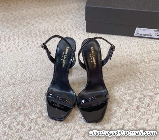 Sophisticated Saint Laurent Opyum Patent Calfskin Sandals 10.5cm with YSL Heel All Black 328046