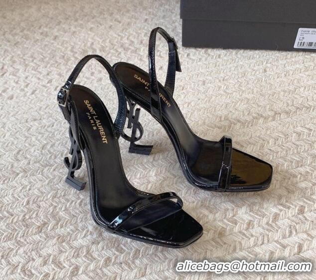 Sophisticated Saint Laurent Opyum Patent Calfskin Sandals 10.5cm with YSL Heel All Black 328046