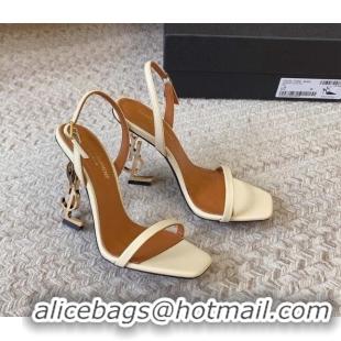 Stylish Saint Laurent Opyum Calfskin Leather Sandals 10.5cm with YSL Heel White/Gold 328048