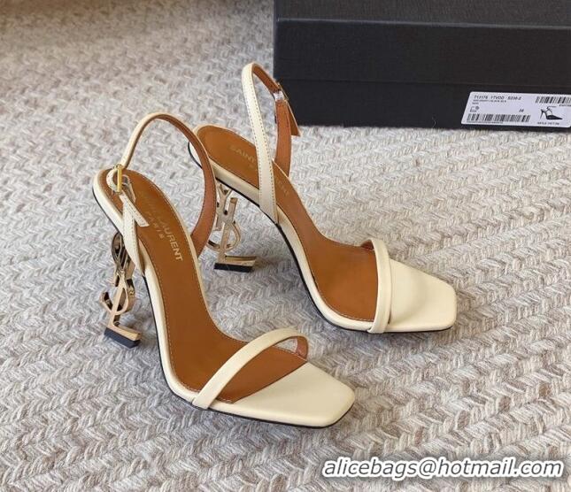 Stylish Saint Laurent Opyum Calfskin Leather Sandals 10.5cm with YSL Heel White/Gold 328048