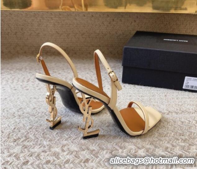 Stylish Saint Laurent Opyum Calfskin Leather Sandals 10.5cm with YSL Heel White/Gold 328048