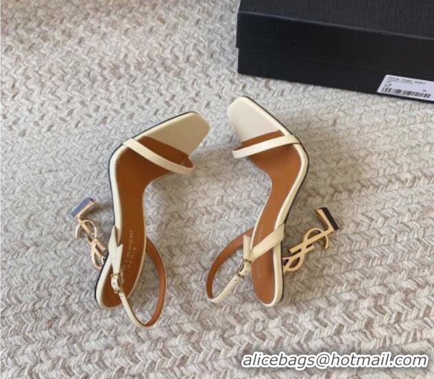 Stylish Saint Laurent Opyum Calfskin Leather Sandals 10.5cm with YSL Heel White/Gold 328048