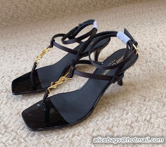 Stylish Saint Laurent CassandraSandals 6cm Fabric and Patent Calfskin Black 328050