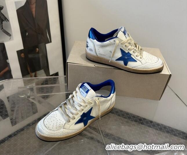 Discount Golden Goose Women’s Ball Star Sneakers Wishes in white nappa leather with bright blue star and heel tab 129003