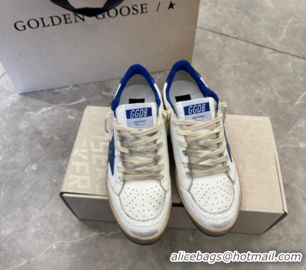 Discount Golden Goose Women’s Ball Star Sneakers Wishes in white nappa leather with bright blue star and heel tab 129003